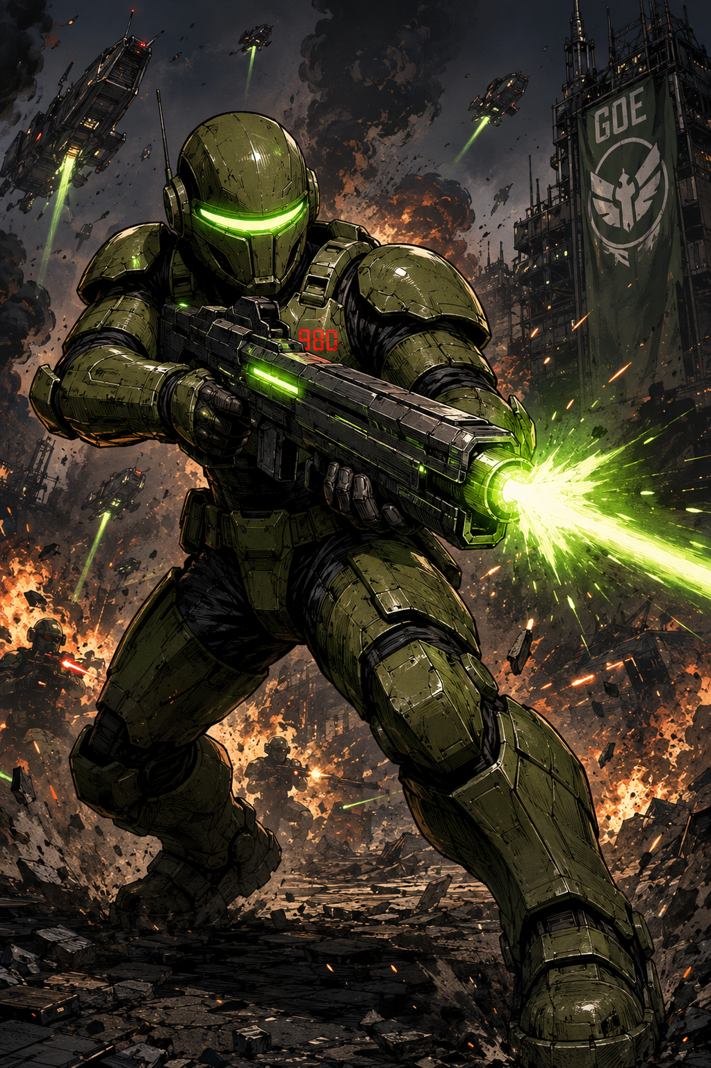 Trooper980 firing a green energy weapon in battle