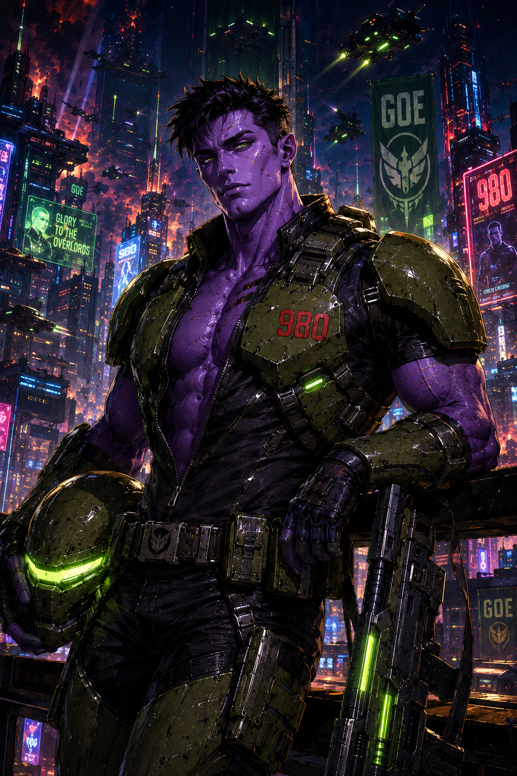 Unhelmeted Trooper980 in a futuristic GOE city